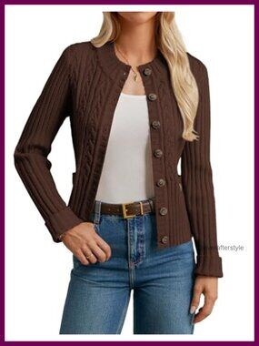 Women's Button Up Cable Knit Cropped Cardigan Chunky Winter Sweater
